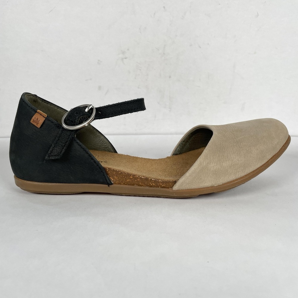 El Naturalista Shoes Womens Size 37 Black Beige Leather Mary Jane Flats Cork